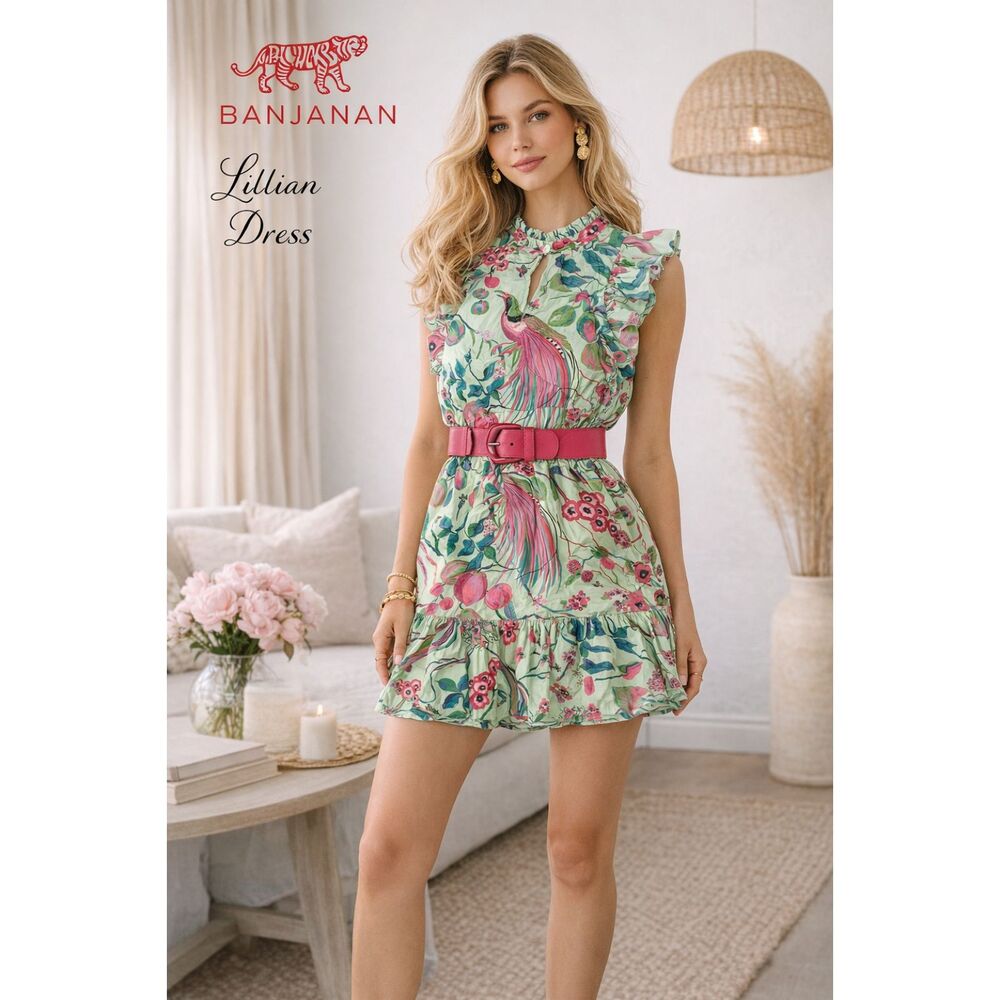 Banjanan Lillian Dress XS Green Floral 100% Cotton Side Zip 2 Pockets bird print